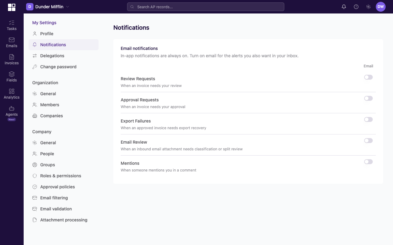 My Settings section open, showing Profile, Notifications, and Preferences sub-pages in the left nav
