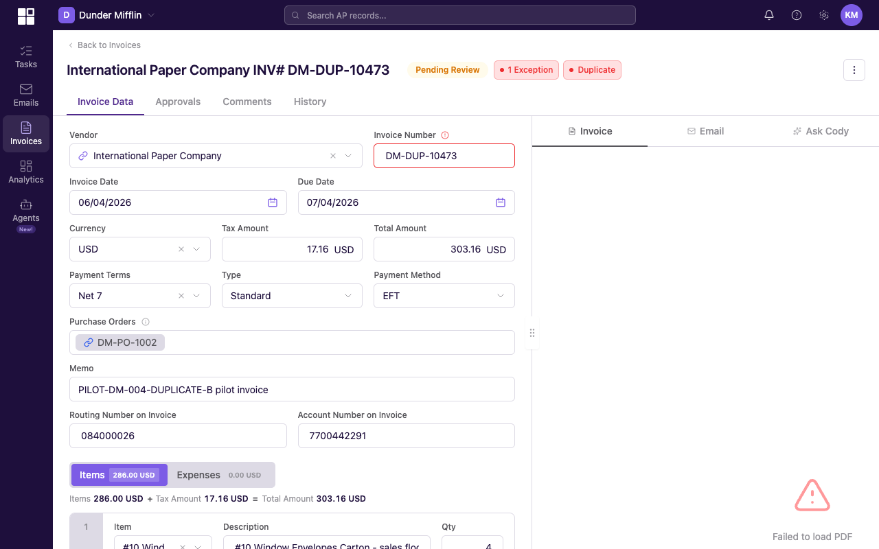 Document notices panel on the left side of an invoice detail page, expanded to show a Duplicate invoice notice row with View duplicate and Mark as not duplicate buttons